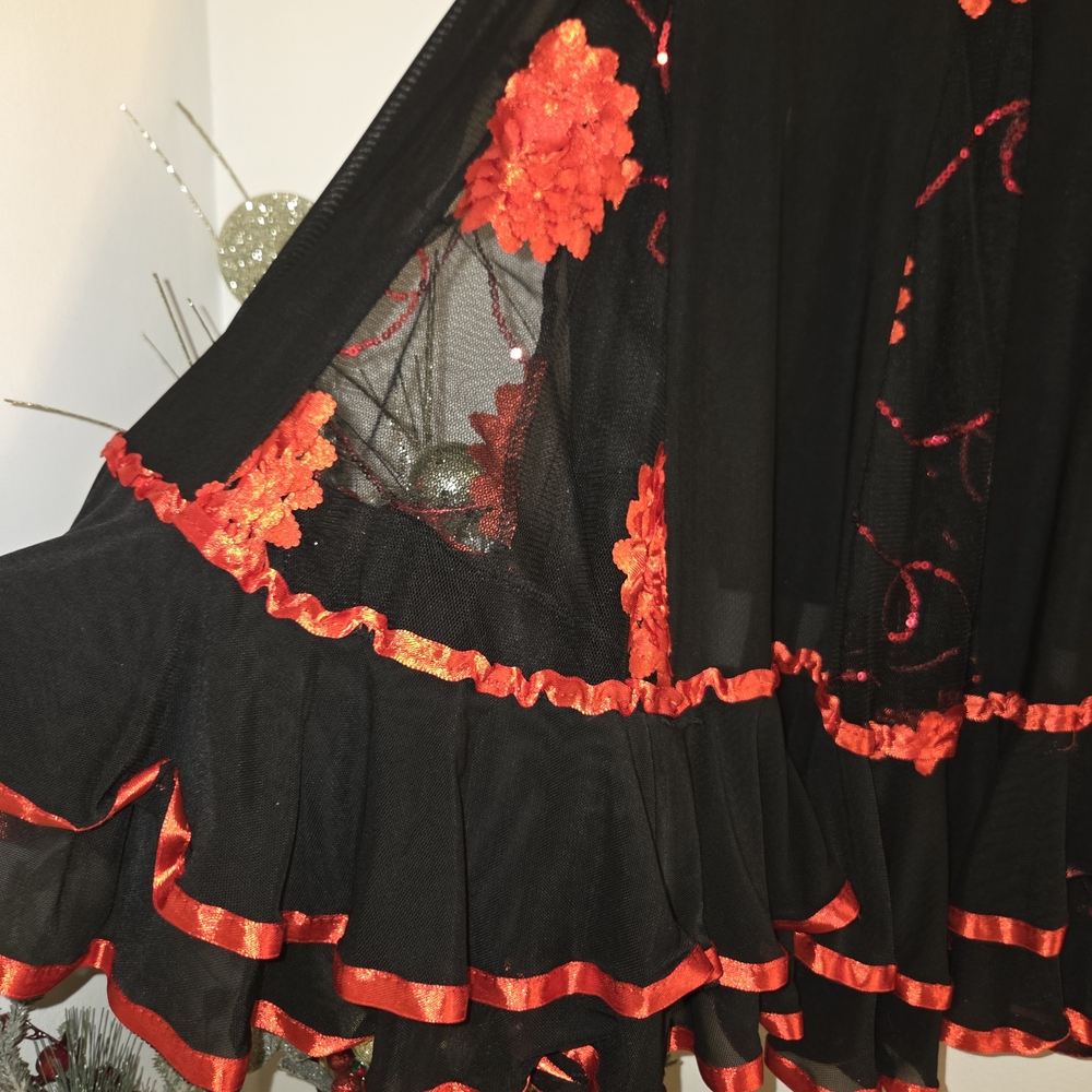 Stunning Black & Red  Flamenco Style Skirt with Floral Appliqués